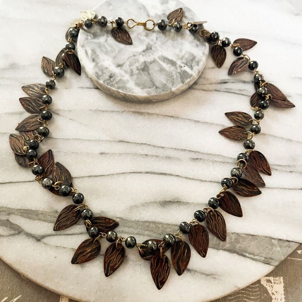 Vintage Copper Dangle Leaf Necklace | Handpainted Flame Design‎ | Beaded Chain